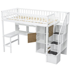 English Elm Wood Twin Loft Bed with Built-In L-Desk, LED Lighting, Staircase Storage, Shelves & Cabinets White N7090000470K