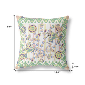 Homeroots 26" X 26" Yellow And White Peacock Blown Seam Floral Indoor Outdoor Throw Pillow   481932