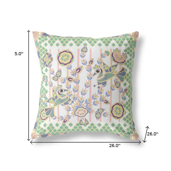 Homeroots 26" X 26" Yellow And White Peacock Blown Seam Floral Indoor Outdoor Throw Pillow   481932