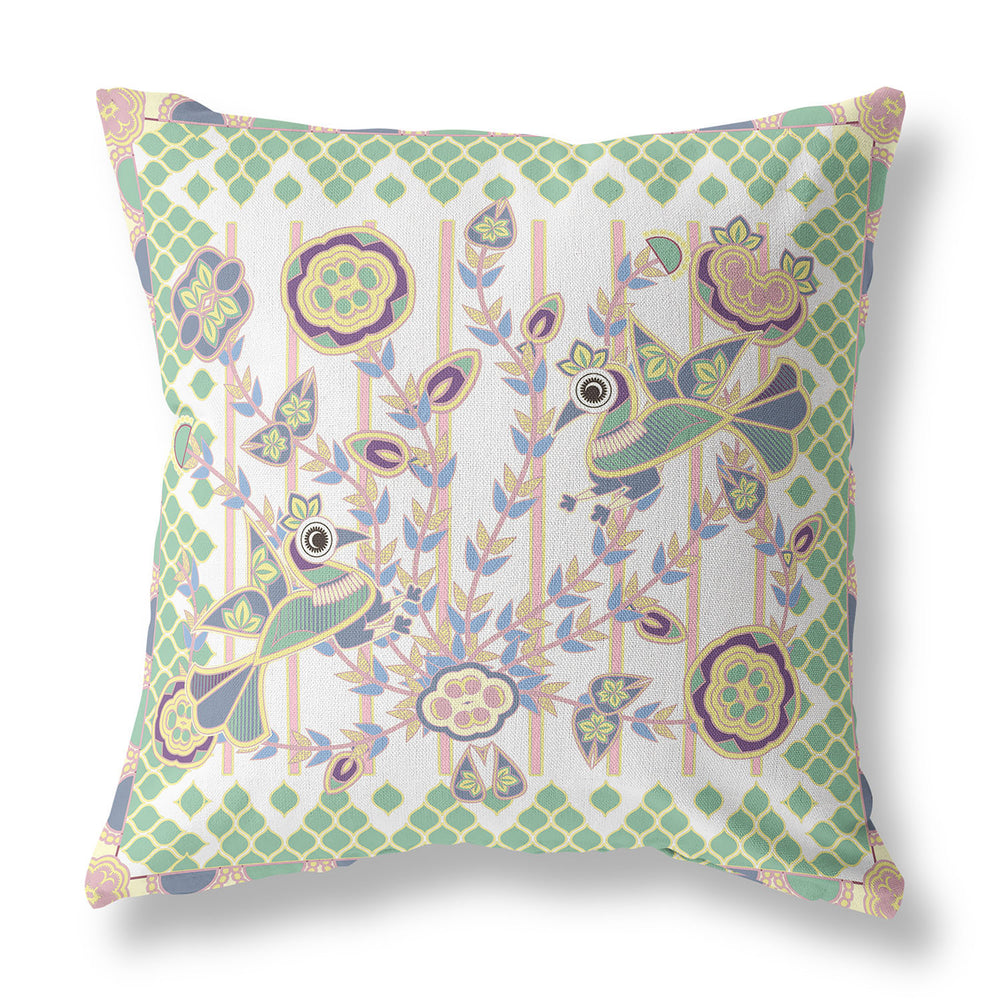 Homeroots 28" X 28" Yellow And White Peacock Blown Seam Floral Indoor Outdoor Throw Pillow   481933