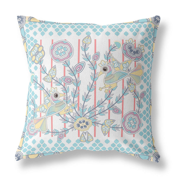 Homeroots 26" X 26" White And Yellow Bird Blown Seam Floral Indoor Outdoor Throw Pillow   481937