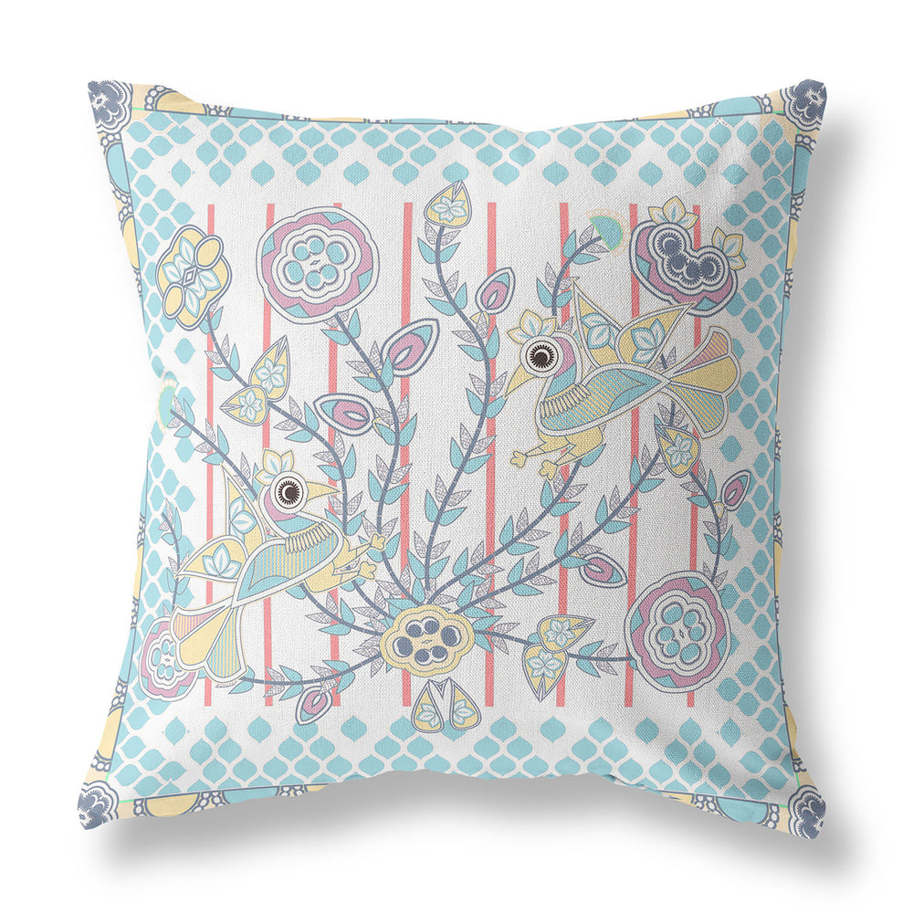 Homeroots 28" X 28" White And Yellow Bird Blown Seam Floral Indoor Outdoor Throw Pillow   481938