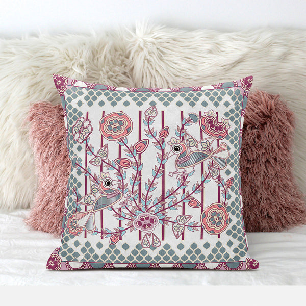 Homeroots 26" X 26" White And Magenta Bird Blown Seam Floral Indoor Outdoor Throw Pillow   481942