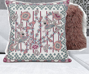 Homeroots 26" X 26" White And Magenta Bird Blown Seam Floral Indoor Outdoor Throw Pillow   481942