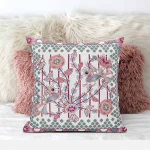 Homeroots 28" X 28" White And Magenta Bird Blown Seam Floral Indoor Outdoor Throw Pillow   481943