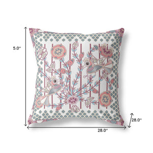 Homeroots 28" X 28" White And Magenta Bird Blown Seam Floral Indoor Outdoor Throw Pillow   481943