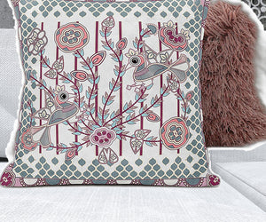 Homeroots 28" X 28" White And Magenta Bird Blown Seam Floral Indoor Outdoor Throw Pillow   481943