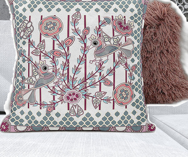 Homeroots 28" X 28" White And Magenta Bird Blown Seam Floral Indoor Outdoor Throw Pillow   481943