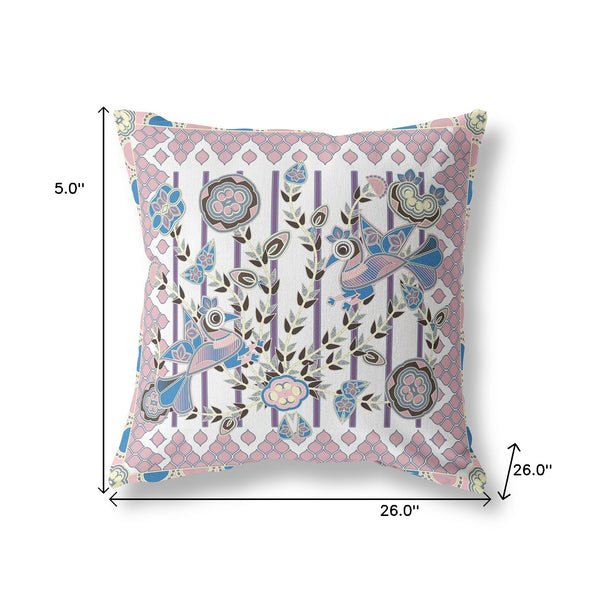 Homeroots 26" X 26" Black And White Peacock Blown Seam Floral Indoor Outdoor Throw Pillow   481947