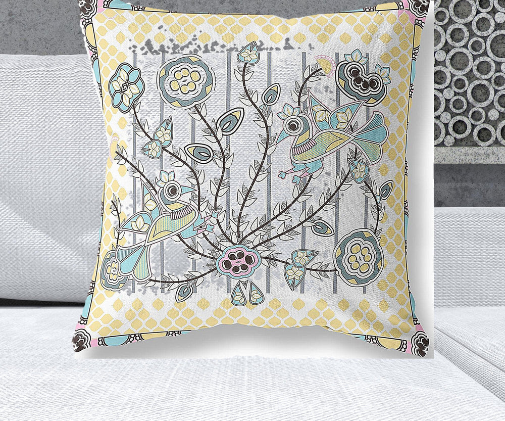 Homeroots 26" X 26" Gray And White Peacock Blown Seam Floral Indoor Outdoor Throw Pillow   481952