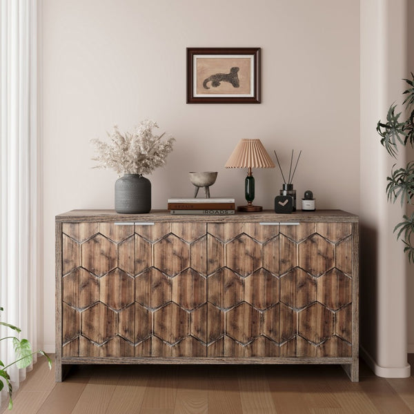 English Elm Accent Farmhouse Sideboard with Fluted Four Door Wood Storage for Dining or Entryway W1435P216113