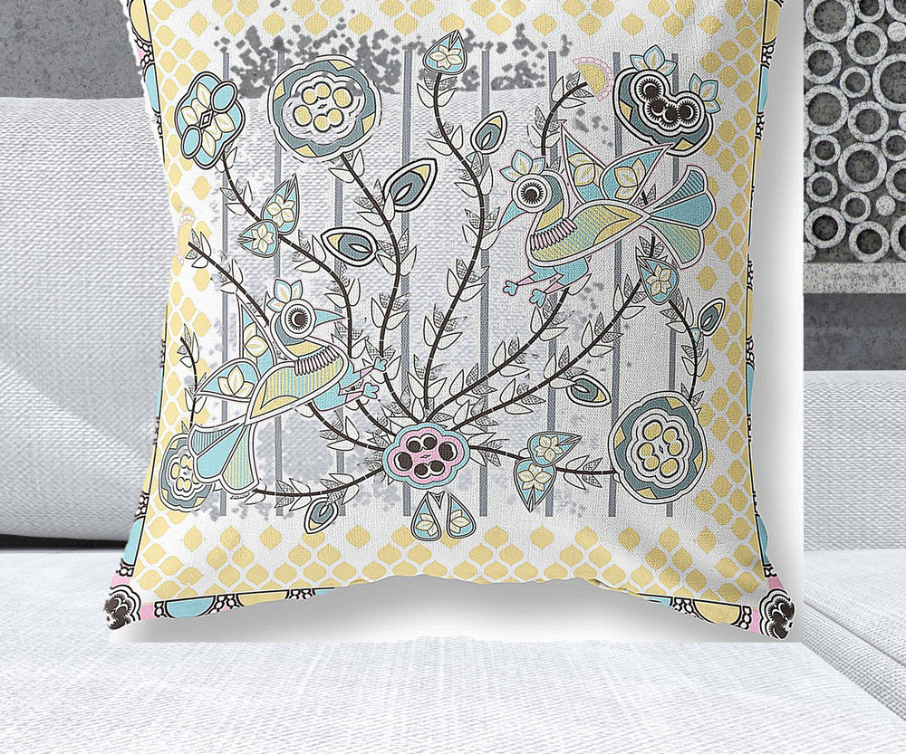 Homeroots 28" X 28" Gray And White Peacock Blown Seam Floral Indoor Outdoor Throw Pillow   481953