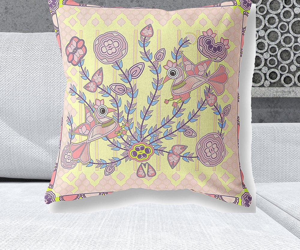 Homeroots 26" X 26" Yellow Peacock Blown Seam Floral Indoor Outdoor Throw Pillow   481957