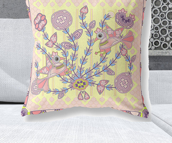 Homeroots 28" X 28" Yellow Peacock Blown Seam Floral Indoor Outdoor Throw Pillow   481958