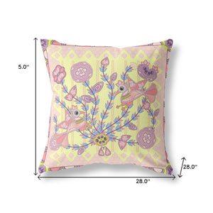 Homeroots 28" X 28" Yellow Peacock Blown Seam Floral Indoor Outdoor Throw Pillow   481958