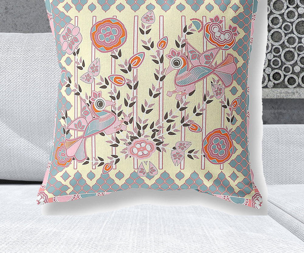 Homeroots 28" X 28" Yellow Peacock Blown Seam Floral Indoor Outdoor Throw Pillow   481963