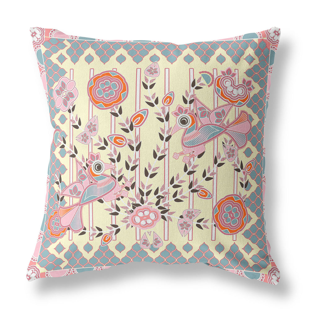 Homeroots 28" X 28" Yellow Peacock Blown Seam Floral Indoor Outdoor Throw Pillow   481963