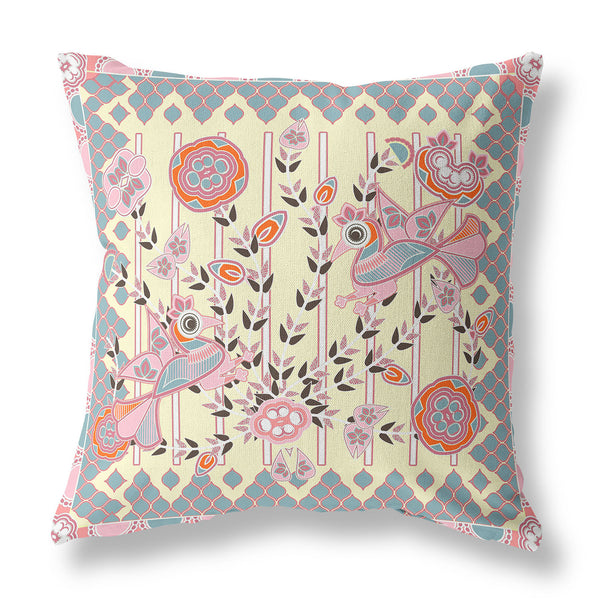 Homeroots 28" X 28" Yellow Peacock Blown Seam Floral Indoor Outdoor Throw Pillow   481963