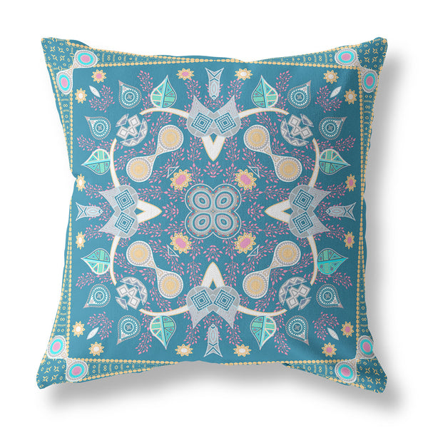 Homeroots 26" X 26" Aqua Blown Seam Paisley Indoor Outdoor Throw Pillow   481967