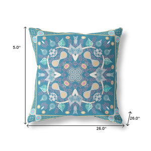 Homeroots 26" X 26" Aqua Blown Seam Paisley Indoor Outdoor Throw Pillow   481967