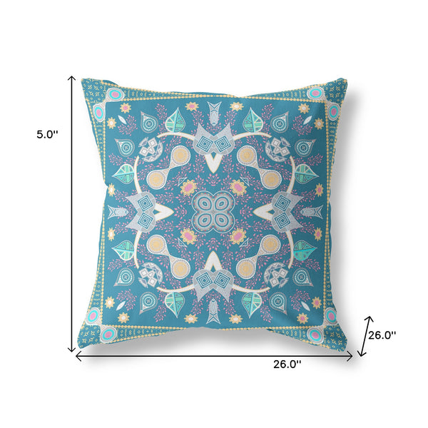 Homeroots 26" X 26" Aqua Blown Seam Paisley Indoor Outdoor Throw Pillow   481967