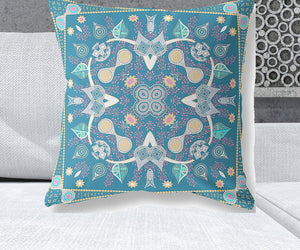 Homeroots 26" X 26" Aqua Blown Seam Paisley Indoor Outdoor Throw Pillow   481967