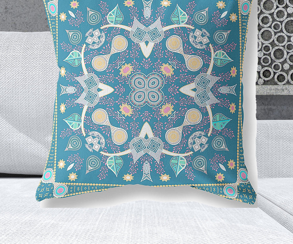 Homeroots 28" X 28" Aqua Blown Seam Paisley Indoor Outdoor Throw Pillow   481968