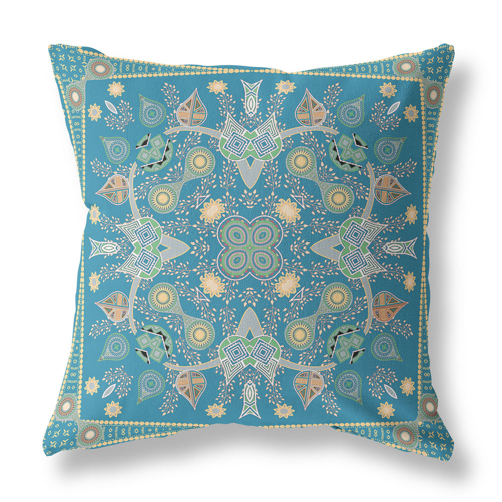 Homeroots 28" X 28" Aqua And Gold Blown Seam Floral Indoor Outdoor Throw Pillow   481973
