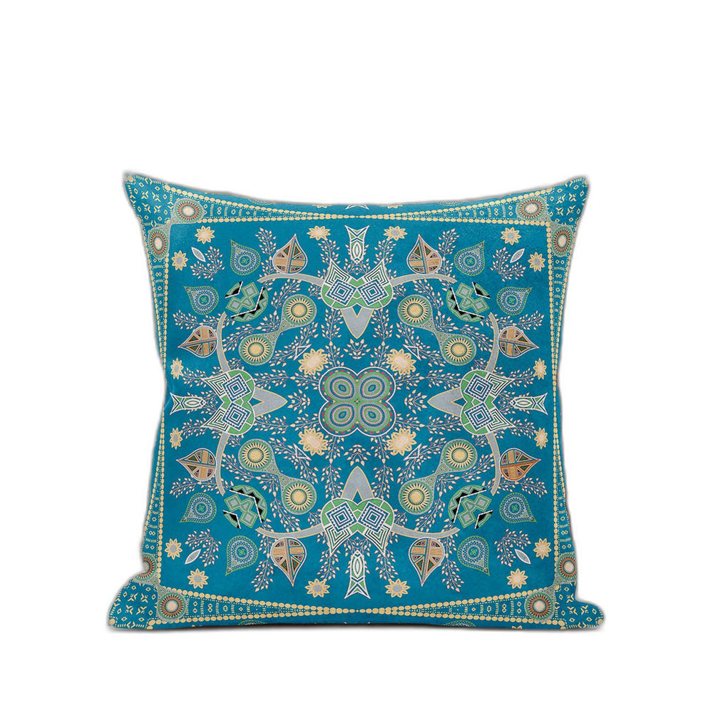 Homeroots 28" X 28" Aqua And Gold Blown Seam Floral Indoor Outdoor Throw Pillow   481973