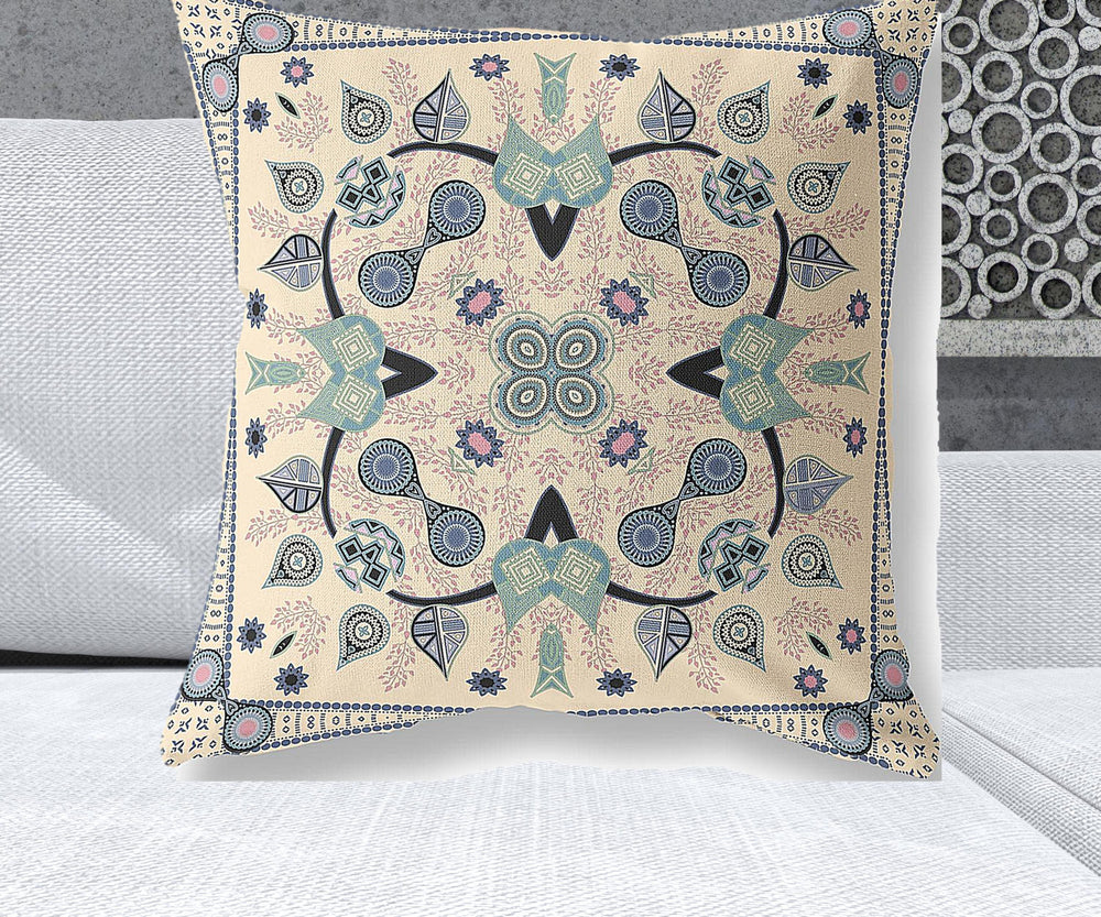 Homeroots 26" X 26" Beige Blown Seam Paisley Indoor Outdoor Throw Pillow   481977