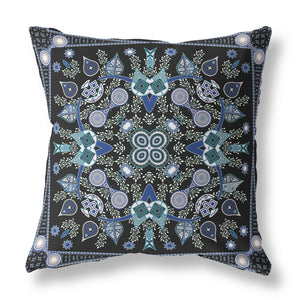 Homeroots 26" X 26" Black And Blue Blown Seam Floral Indoor Outdoor Throw Pillow   481987