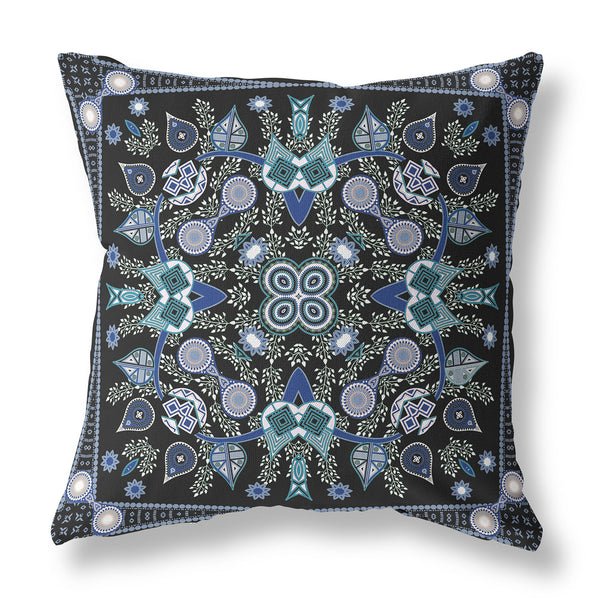 Homeroots 26" X 26" Black And Blue Blown Seam Floral Indoor Outdoor Throw Pillow   481987