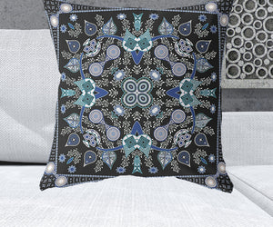 Homeroots 26" X 26" Black And Blue Blown Seam Floral Indoor Outdoor Throw Pillow   481987