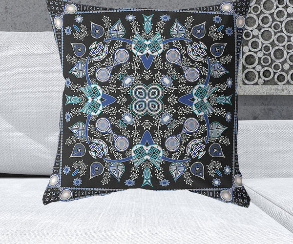 Homeroots 26" X 26" Black And Blue Blown Seam Floral Indoor Outdoor Throw Pillow   481987