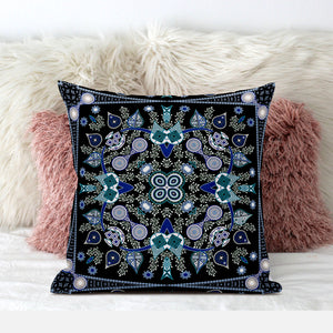 Homeroots 28" X 28" Black And Blue Blown Seam Floral Indoor Outdoor Throw Pillow   481988