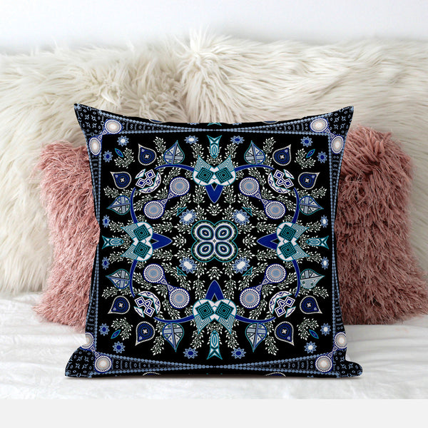 Homeroots 28" X 28" Black And Blue Blown Seam Floral Indoor Outdoor Throw Pillow   481988