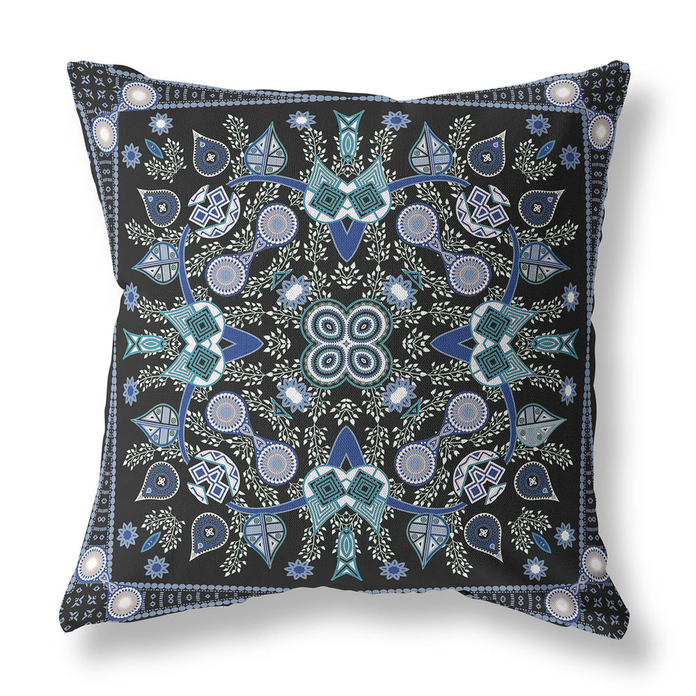 Homeroots 28" X 28" Black And Blue Blown Seam Floral Indoor Outdoor Throw Pillow   481988