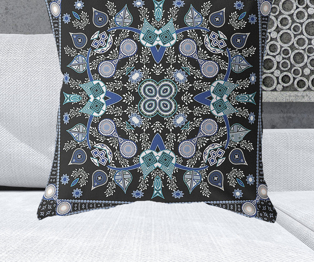 Homeroots 28" X 28" Black And Blue Blown Seam Floral Indoor Outdoor Throw Pillow   481988