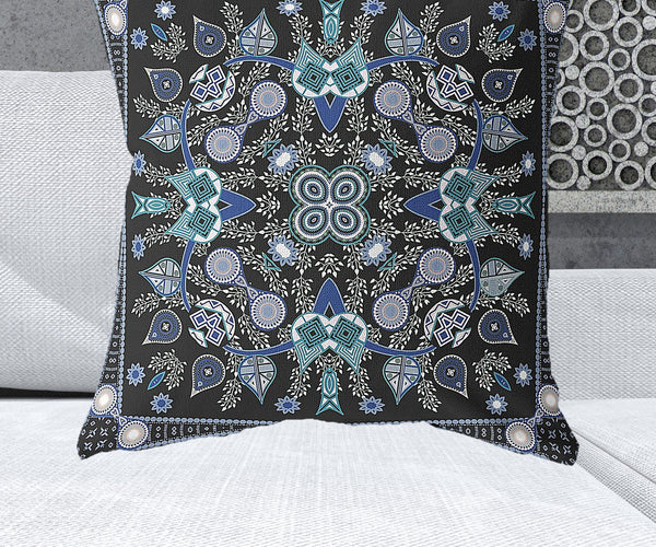 Homeroots 28" X 28" Black And Blue Blown Seam Floral Indoor Outdoor Throw Pillow   481988
