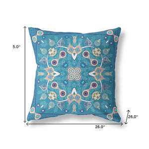 Homeroots 26" X 26" Blue And Beige Blown Seam Floral Indoor Outdoor Throw Pillow   481992