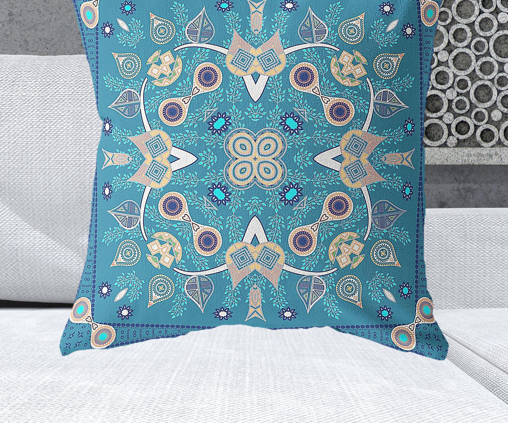 Homeroots 28" X 28" Blue And Beige Blown Seam Floral Indoor Outdoor Throw Pillow   481993