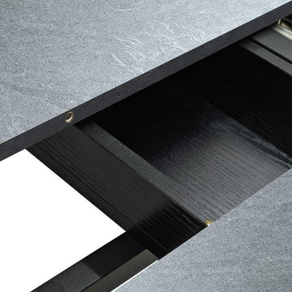 English Elm 55.11" Retro Rectangular Stretch Dining Table with Grey Stone Top, Black Iron Cross Legs & Storage Box W757P209558