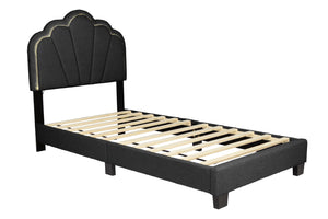 English Elm Luxurious Twin Platform Bed Wool Upholstered Scalloped Headboard with Built-in Led Lighting B011P417510