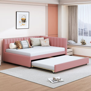 English Elm Full Size Linen Upholstered Daybed with Pull Out Trundle Sofa Frame for Bedroom Pink LP000173AAH-1