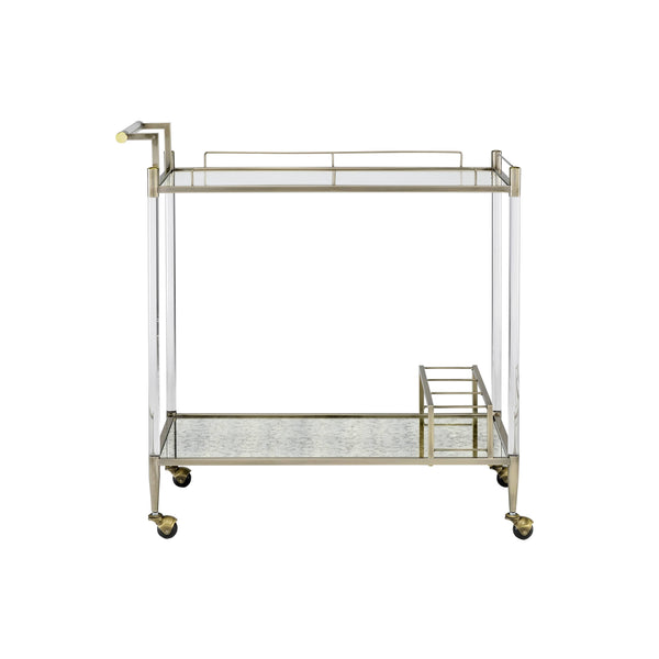 English Elm Cirro Antique Brass & Mirror Serving Cart with Tempered Glass Shelves, Wine Holder, Casters Elegance B2726P255331