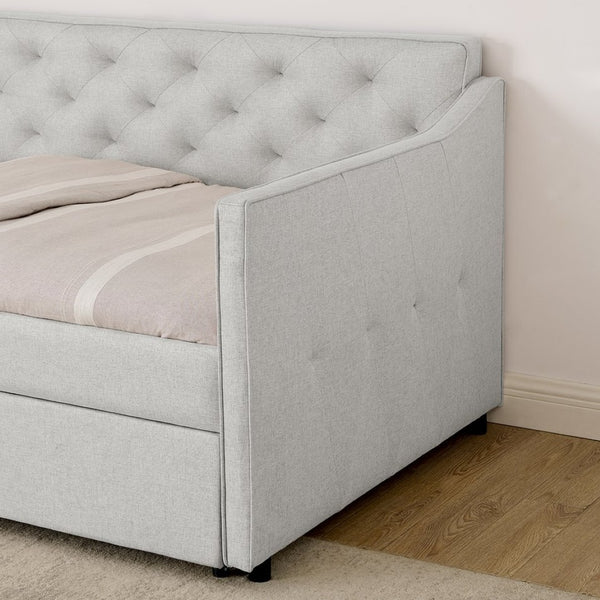 English Elm Twin Linen Tufted Daybed with Pop up Trundle and Usb Port for Guest Rooms W1413S00129