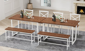 English Elm Four-piece industrial dining set with bench and backrest, solid MDF & steel frame, space-saving design Dark Walnut W578P333497