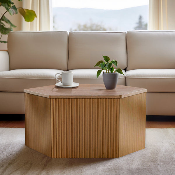 JLA Home INK+IVY - Fluted Hexagon Coffee Table — Natural Oak Fluted Sculptural Accent Table, Lightweight Modular Centerpiece II120-0553