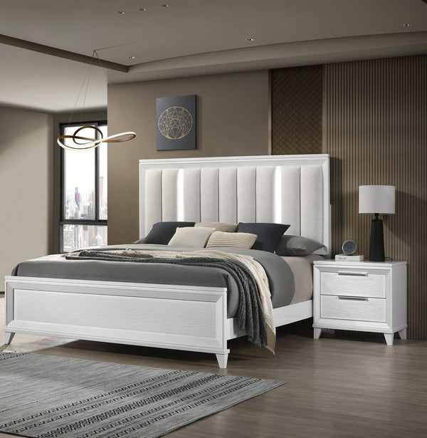 English Elm Contemporary King Bedroom Set with Led Headboard Upholstered Cushion and White Wood Frame B2741S00105