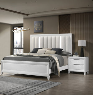 English Elm Contemporary Queen Panel Bed Set with Led Headboard Two Nightstands White Wood B2741S00146